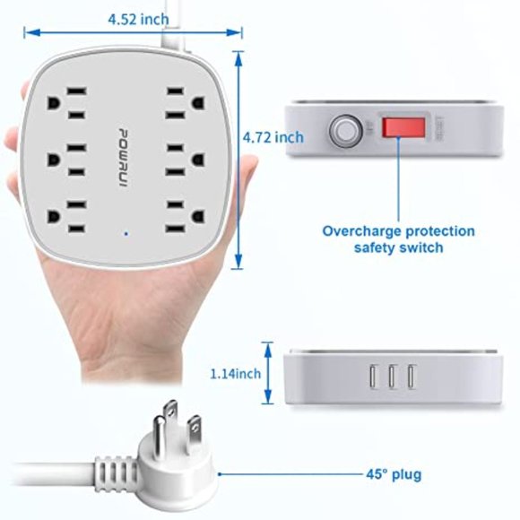 POWRUI Flat Plug Extension Cord with 6 Outlet Extender and 3 USB Ports, 6 Feet - Picture 7 of 7